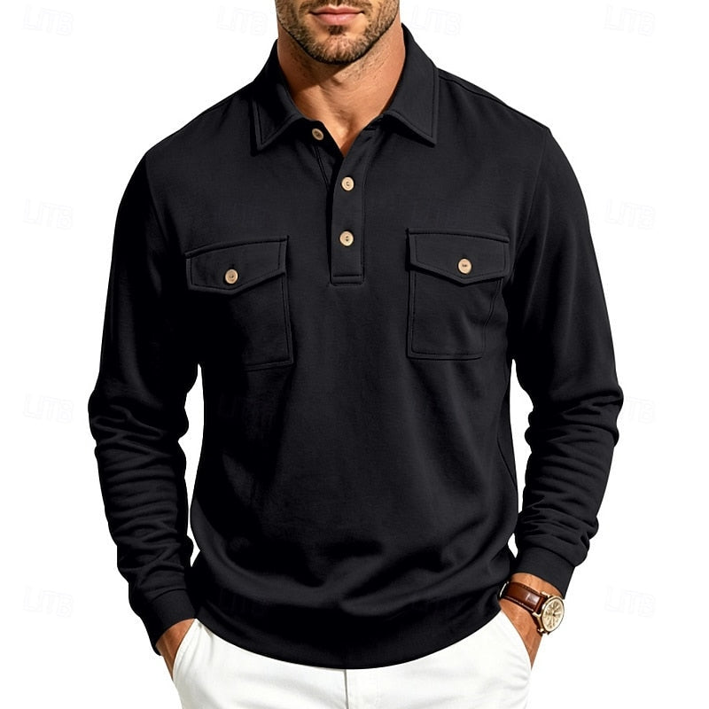 Refined Long-Sleeve Pocket Polo Shirt for Men