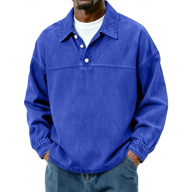 Washed Long Sleeve Polo Shirt for Men, Plus Size